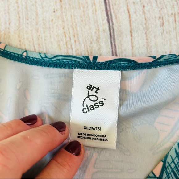 Art Class Girl’s Green Leaf Print V-Neck Long Sleeve Wrap Side Tie Rash Guard XL - Picture 6 of 7